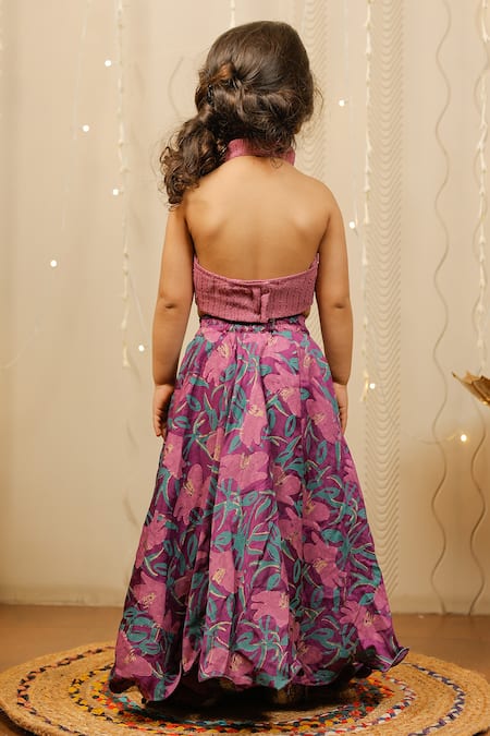 Shop Tiny Colour Purple Georgette, Modal Sequins, Embroidery Floral Print Skirt And Crop Top Set at Aza Fashions Shop_Tiny Colour_Purple Georgette, Modal Sequins, Embroidery Floral Print Skirt And Crop Top Set _at_Aza_Fashions