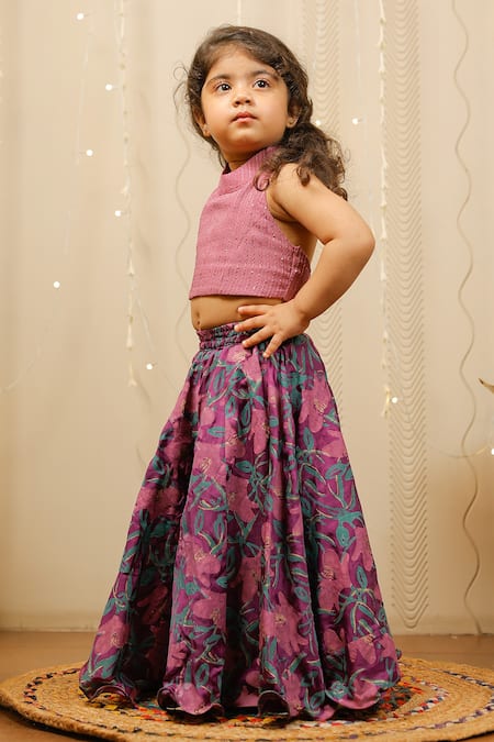Tiny Colour Purple Georgette, Modal Sequins, Embroidery Floral Print Skirt And Crop Top Set Online at Aza Fashions Tiny Colour_Purple Georgette, Modal Sequins, Embroidery Floral Print Skirt And Crop Top Set _Online_at_Aza_Fashions