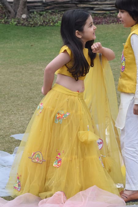 Panchhi By Kanupriya Tibrewala_Yellow Net, Silk Organza Embroidery Lehenga Set_Online_at_Aza_Fashions