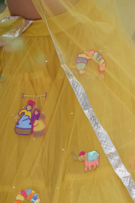 Shop_Panchhi By Kanupriya Tibrewala_Yellow Net, Silk Organza Embroidery Lehenga Set_Online_at_Aza_Fashions