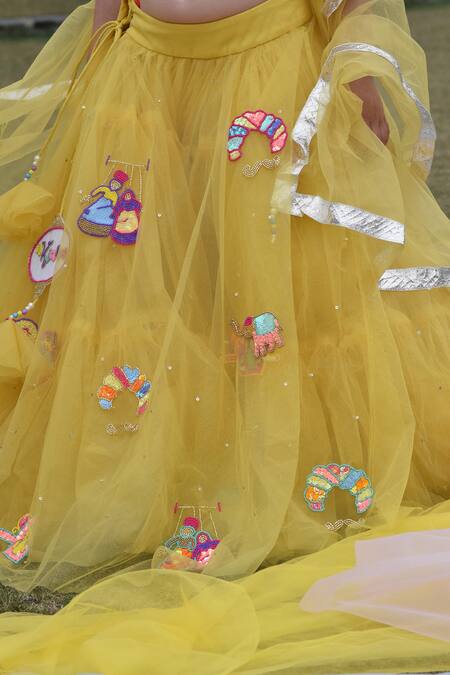 Panchhi By Kanupriya Tibrewala_Yellow Net, Silk Organza Embroidery Lehenga Set_at_Aza_Fashions