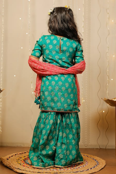 Shop Tiny Colour Green Oxford, Chiffon Gota Patti, Tassels Printed Kurta Sharara Set at Aza Fashions Shop_Tiny Colour_Green Oxford, Chiffon Gota Patti, Tassels Printed Kurta Sharara Set _at_Aza_Fashions