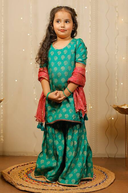 Buy Tiny Colour Green Oxford, Chiffon Gota Patti, Tassels Printed Kurta Sharara Set Online at Aza Fashions Buy_Tiny Colour_Green Oxford, Chiffon Gota Patti, Tassels Printed Kurta Sharara Set _Online_at_Aza_Fashions