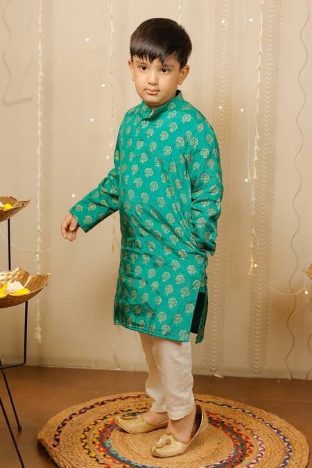 Shop_Tiny Colour_Green Cotton, Silk, Oxford Embroidery Floral Print Kurta Set _Online_at_Aza_Fashions