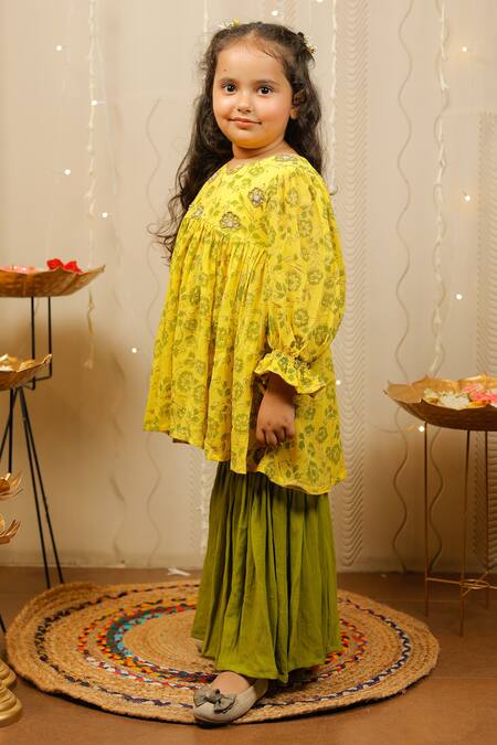 Shop Tiny Colour Yellow Georgette Embroidery Floral Print Kurta And Sharara Set Online at Aza Fashions Shop_Tiny Colour_Yellow Georgette Embroidery Floral Print Kurta And Sharara Set _Online_at_Aza_Fashions