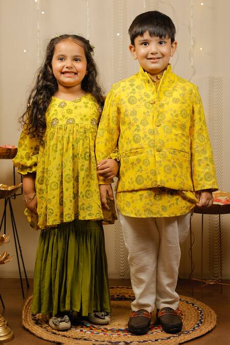 Tiny Colour Yellow Georgette Embroidery Floral Print Kurta And Sharara Set at Aza Fashions Tiny Colour_Yellow Georgette Embroidery Floral Print Kurta And Sharara Set _at_Aza_Fashions