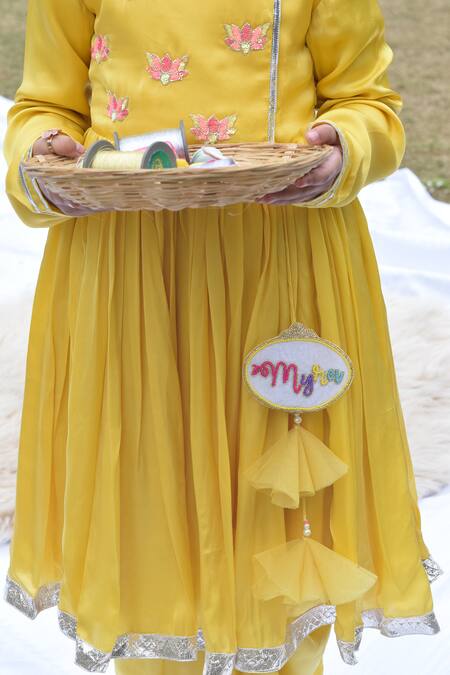 Buy_Panchhi By Kanupriya Tibrewala_Yellow , Satin Embroidery Anarkali Set_Online_at_Aza_Fashions