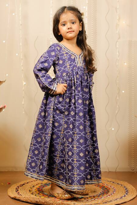 Tiny Colour_Blue Cotton, Silk Embroidery Floral Print Dress _Online_at_Aza_Fashions