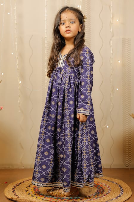 Buy_Tiny Colour_Blue Cotton, Silk Embroidery Floral Print Dress _Online_at_Aza_Fashions