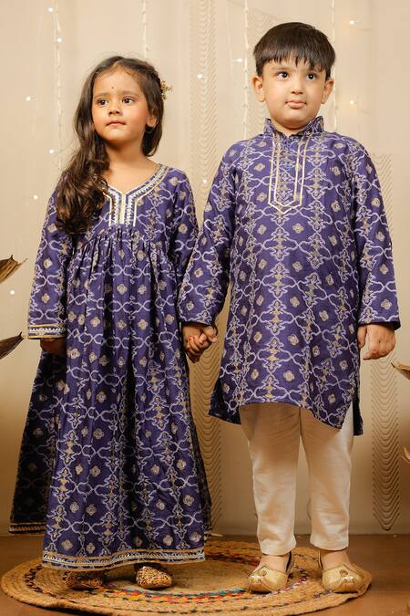 Shop_Tiny Colour_Blue Cotton, Silk Embroidery Floral Print Dress _Online_at_Aza_Fashions