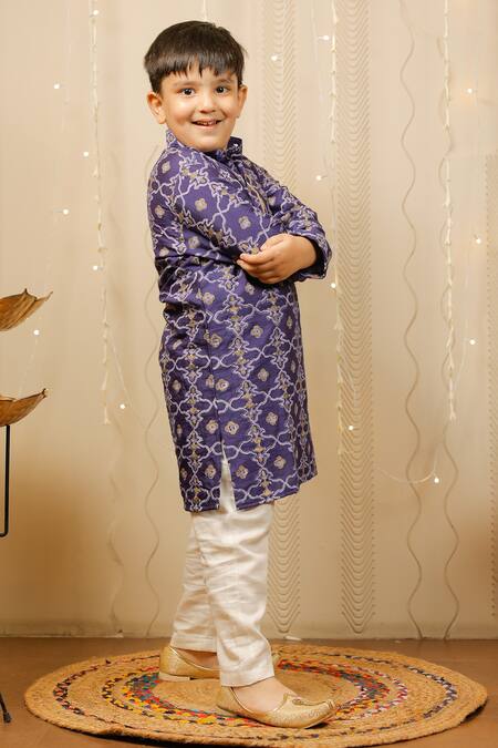 Tiny Colour_Blue Cotton, Silk Gota Patti Geometric Print Kurta Set _Online_at_Aza_Fashions