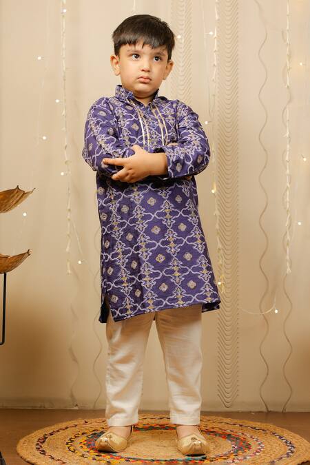 Buy_Tiny Colour_Blue Cotton, Silk Gota Patti Geometric Print Kurta Set _Online_at_Aza_Fashions