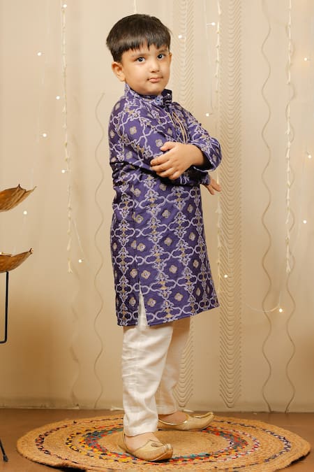 Shop_Tiny Colour_Blue Cotton, Silk Gota Patti Geometric Print Kurta Set _Online_at_Aza_Fashions