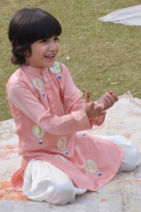 Panchhi By Kanupriya Tibrewala_Pink Silk Satin, Cotton Embroidery Kurta And Dhoti Pant Set_Online_at_Aza_Fashions