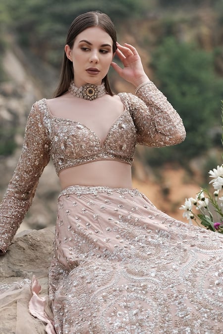 Rajbinder Chahal_Beige Blouse And Lehenga Dupion Silk Dupatta Net Embroidered Bridal Set _Online_at_Aza_Fashions