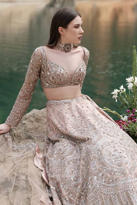 Buy_Rajbinder Chahal_Beige Blouse And Lehenga Dupion Silk Dupatta Net Embroidered Bridal Set _Online_at_Aza_Fashions