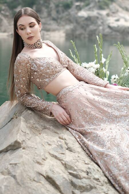 Rajbinder Chahal_Beige Blouse And Lehenga Dupion Silk Dupatta Net Embroidered Bridal Set _at_Aza_Fashions