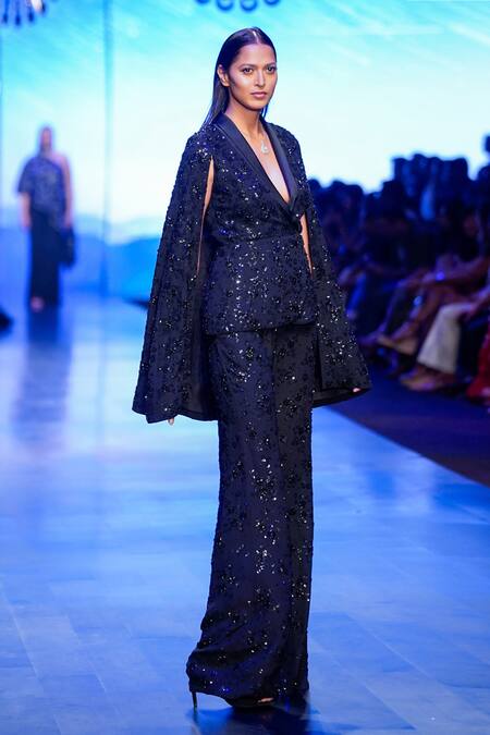 Buy Nachiket Barve Black Georgette, Viscose Beads, Sequins Astral Cape Blazer And Pant Set Online at Aza Fashions Buy_Nachiket Barve_Black Georgette, Viscose Beads, Sequins Astral Cape Blazer And Pant Set _Online_at_Aza_Fashions