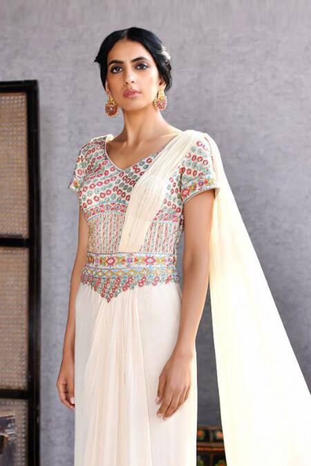Buy_Reeti Arneja_White Georgette Embroidered Saree Gown With Cape_Online_at_Aza_Fashions