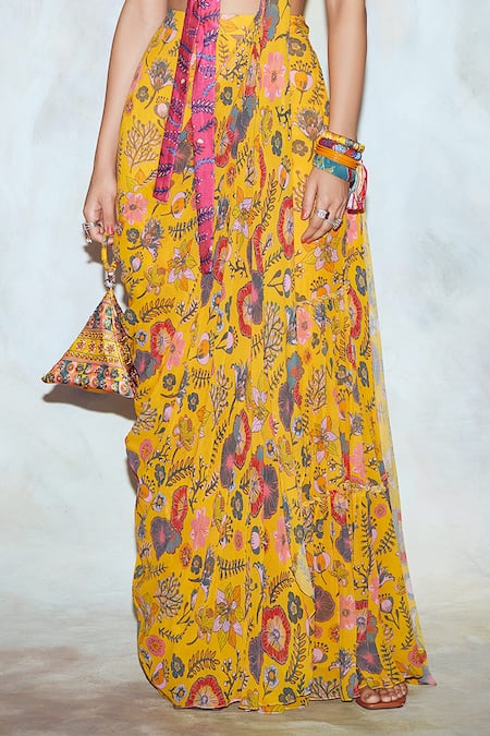 Buy_Diyarajvvir_Yellow Georgette, Modal Lining Shantoon V Neck Pre-draped Gharara Pant Saree _Online_at_Aza_Fashions