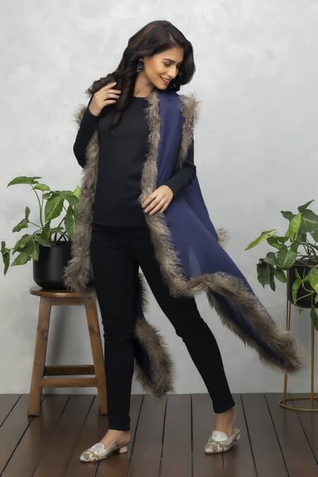 Buy Rhe-Ana Blue Wool Fur Open Neck Faux Cape Online at Aza Fashions Buy_Rhe-Ana_Blue Wool Fur Open Neck Faux Cape _Online_at_Aza_Fashions