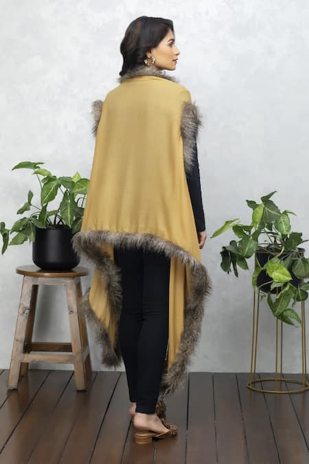 Shop Rhe-Ana Yellow Wool Fur Open Neck Faux Cape at Aza Fashions Shop_Rhe-Ana_Yellow Wool Fur Open Neck Faux Cape _at_Aza_Fashions