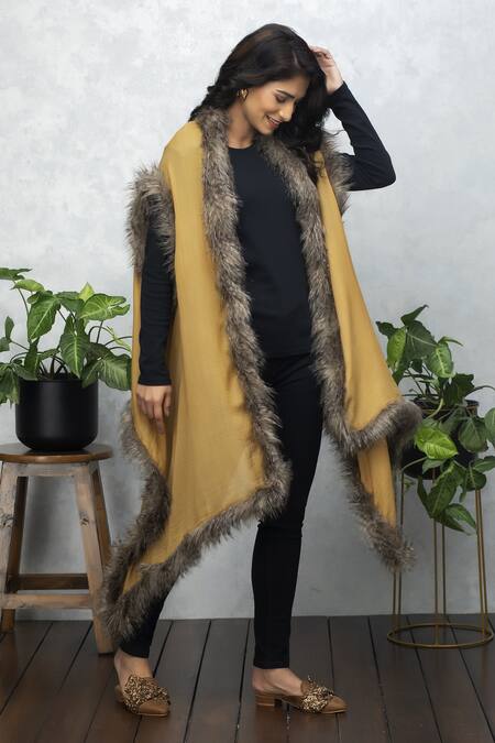 Rhe-Ana Yellow Wool Fur Open Neck Faux Cape Online at Aza Fashions Rhe-Ana_Yellow Wool Fur Open Neck Faux Cape _Online_at_Aza_Fashions
