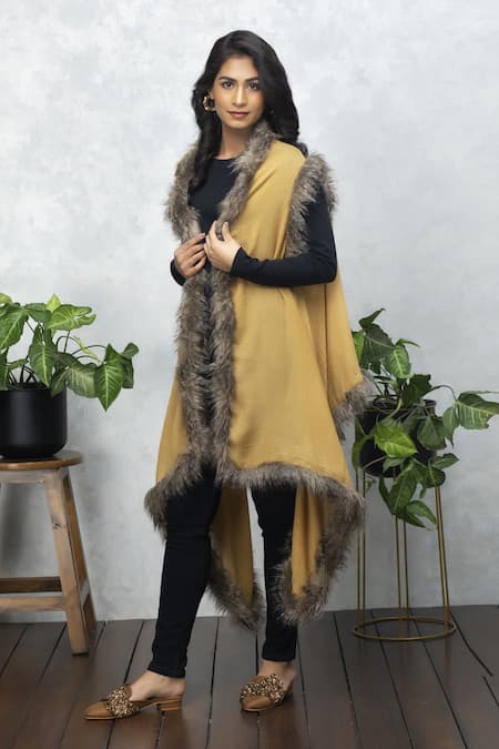Buy Rhe-Ana Yellow Wool Fur Open Neck Faux Cape Online at Aza Fashions Buy_Rhe-Ana_Yellow Wool Fur Open Neck Faux Cape _Online_at_Aza_Fashions