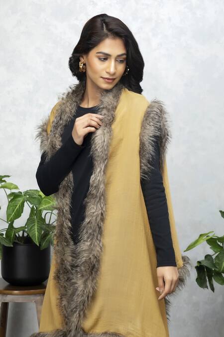 Shop Rhe-Ana Yellow Wool Fur Open Neck Faux Cape Online at Aza Fashions Shop_Rhe-Ana_Yellow Wool Fur Open Neck Faux Cape _Online_at_Aza_Fashions