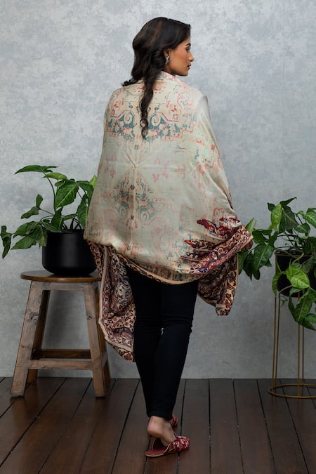 Shop_Rhe-Ana_Beige Abstract Print Silk Scarf _at_Aza_Fashions