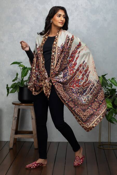 Buy_Rhe-Ana_Beige Abstract Print Silk Scarf _Online_at_Aza_Fashions