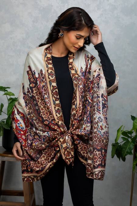 Shop_Rhe-Ana_Beige Abstract Print Silk Scarf _Online_at_Aza_Fashions