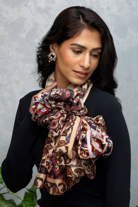 Rhe-Ana_Beige Abstract Print Silk Scarf _at_Aza_Fashions