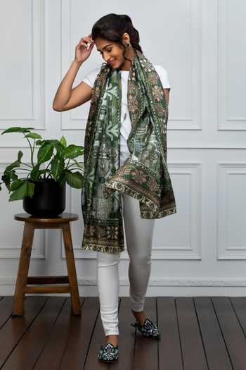 Rhe-Ana Abstract Print Green Silk Scarf 