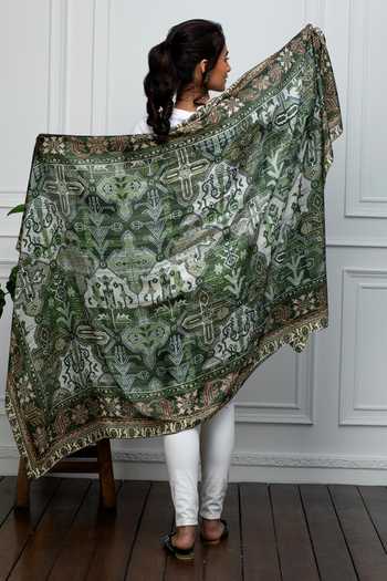 Rhe-Ana Abstract Print Green Silk Scarf 