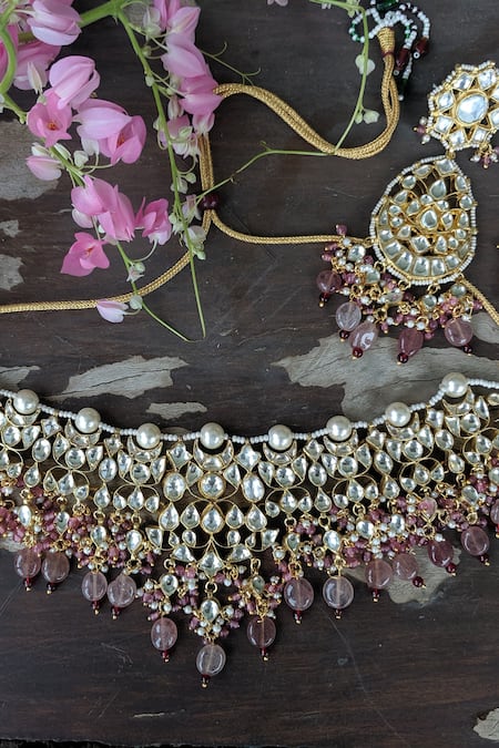 Buy_Riana Jewellery_Gold Plated Jadtar Bead Drop Choker Set _Online_at_Aza_Fashions