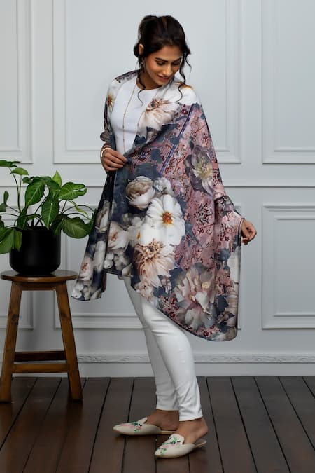 Rhe-Ana_Pink Embroidery Floral Print Silk Scarf _Online_at_Aza_Fashions