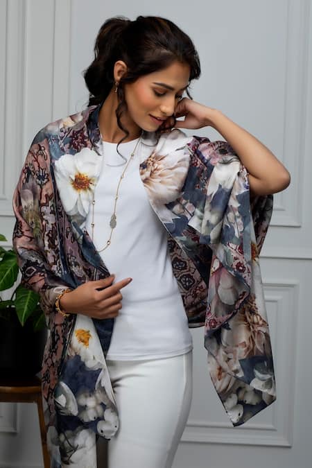 Shop_Rhe-Ana_Pink Embroidery Floral Print Silk Scarf _Online_at_Aza_Fashions