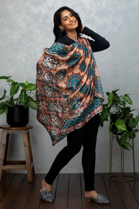 Rhe-Ana_Peach Embroidery Floral Print Silk Scarf _Online_at_Aza_Fashions