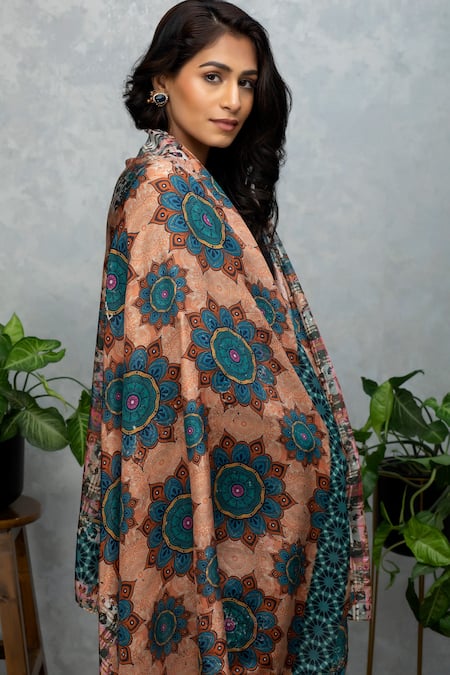 Shop_Rhe-Ana_Peach Embroidery Floral Print Silk Scarf _Online_at_Aza_Fashions