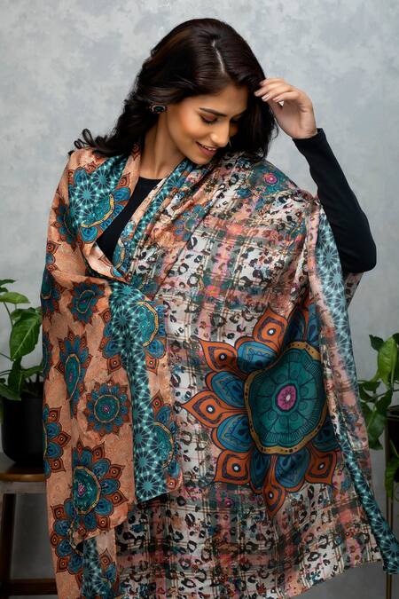 Rhe-Ana_Peach Embroidery Floral Print Silk Scarf _at_Aza_Fashions