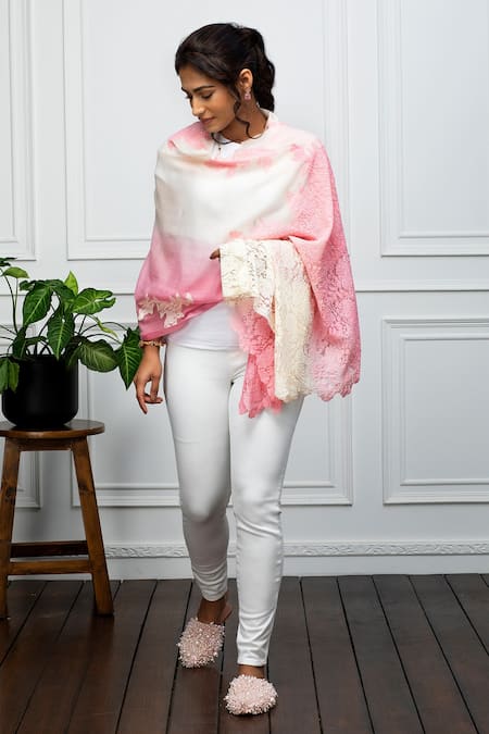 Rhe-Ana Pink Pearls Wool Embellished Stole 