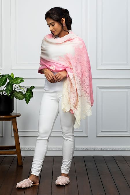 Rhe-Ana_Pink Wool Pearl Embellished Stole _Online_at_Aza_Fashions