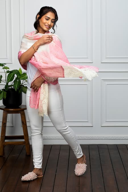 Buy_Rhe-Ana_Pink Wool Pearl Embellished Stole _Online_at_Aza_Fashions