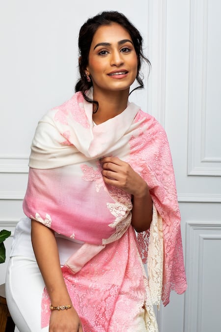 Shop_Rhe-Ana_Pink Wool Pearl Embellished Stole _Online_at_Aza_Fashions