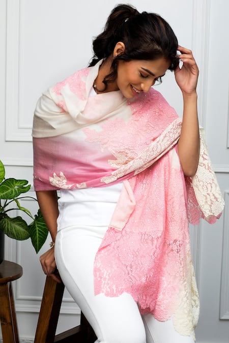 Rhe-Ana_Pink Wool Pearl Embellished Stole _at_Aza_Fashions