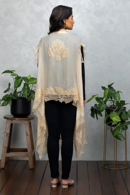 Shop Rhe-Ana Beige Wool Crystals Open Neck Embellished Cape at Aza Fashions Shop_Rhe-Ana_Beige Wool Crystals Open Neck Embellished Cape _at_Aza_Fashions