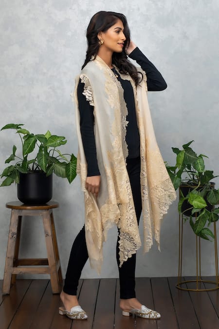 Rhe-Ana Beige Wool Crystals Open Neck Embellished Cape Online at Aza Fashions Rhe-Ana_Beige Wool Crystals Open Neck Embellished Cape _Online_at_Aza_Fashions
