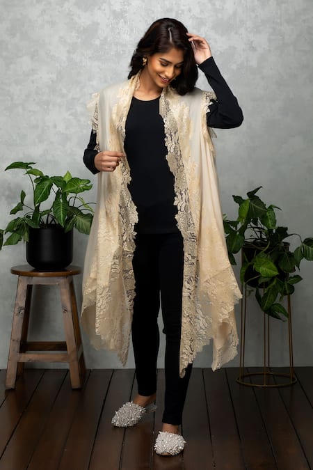 Shop Rhe-Ana Beige Wool Crystals Open Neck Embellished Cape Online at Aza Fashions Shop_Rhe-Ana_Beige Wool Crystals Open Neck Embellished Cape _Online_at_Aza_Fashions