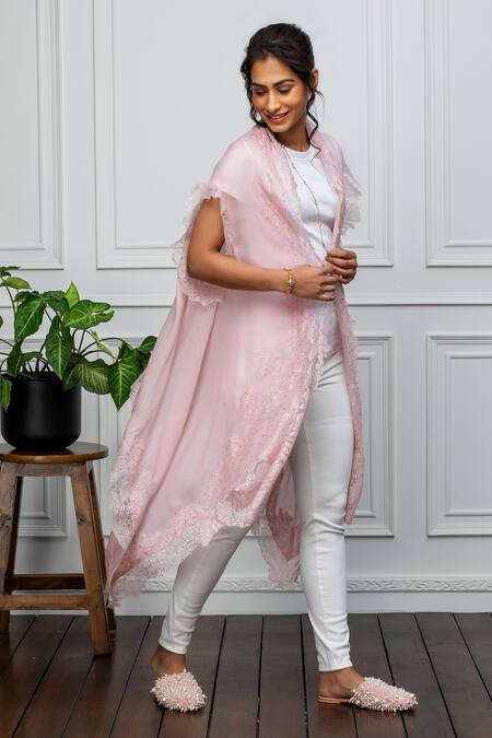 Rhe-Ana_Pink Wool Crystals Open Neck Embellished Cape _Online_at_Aza_Fashions